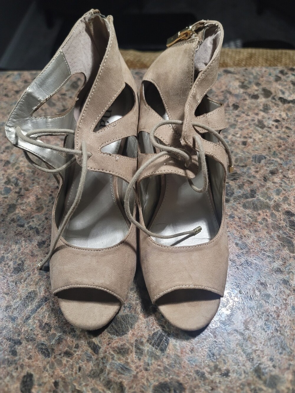 A.n.a Taupe Suede Lace-Up Peep Toe Heels Womens Sz 9